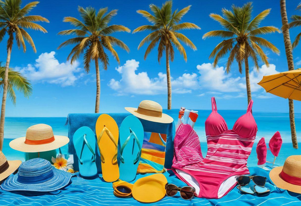 A vibrant beach scene featuring an array of essential beachwear items such as colorful swimsuits, stylish sunglasses, flip-flops, and beach towels. Palm trees sway in the background with a clear blue sky and golden sandy beach. Include beach accessories like sun hats and sunscreen bottles to enhance the summer vibe. Bright and cheerful colors throughout the image. super-realistic. vibrant colors. sunny atmosphere.